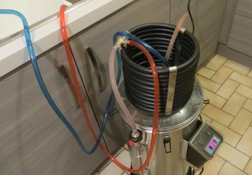 Chilling the wort.  We ran it back into the boiler at first to cool the whole batch.  It's remarkably efficient.