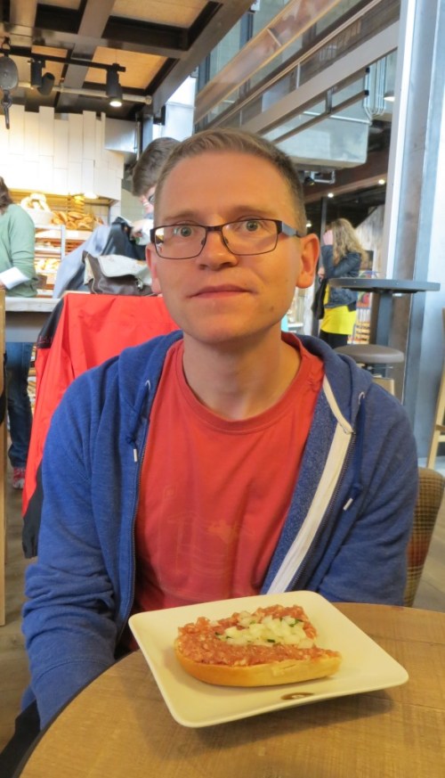 Philip introduced us to Mett, raw seasoned pork, served on a roll, and topped with ferocious raw onions.