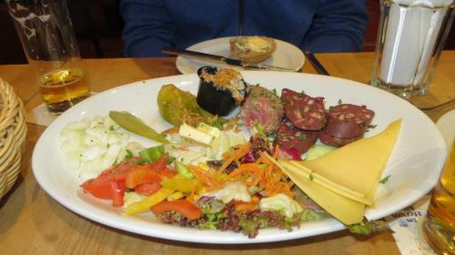 At another meal we tried Teewurst (at the back in the middle of the plate), which is a cold-smoked cured mixture of raw pork and bacon.   Not specially typical of Hamburg, though.  This was at the Rheinische Republik restaurant.